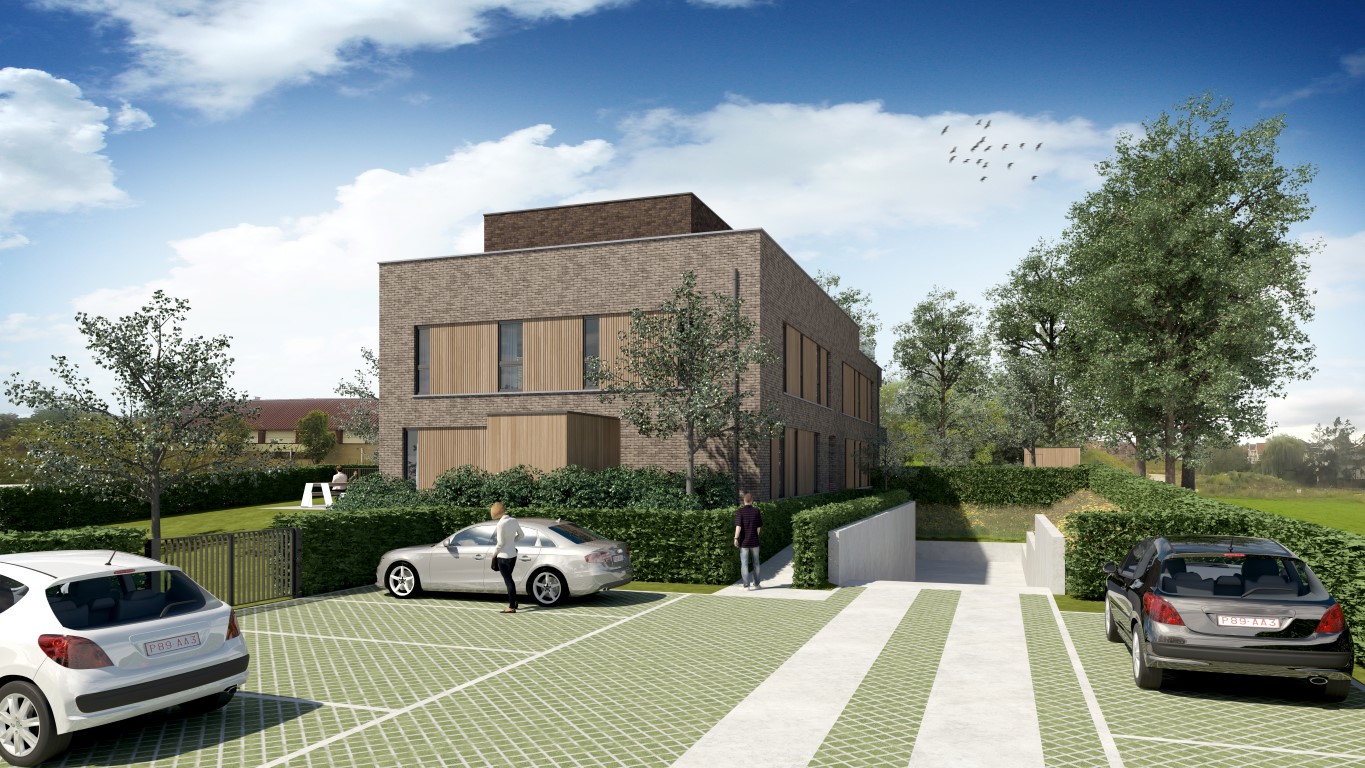 Render private parking en inkom moderne Residentie Bigardis in Groot-Bijgaarden