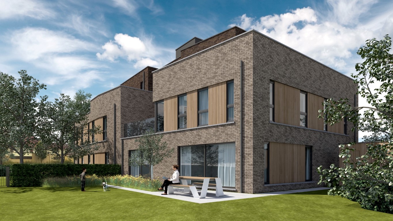 Render gemeenschappelijke tuin en achtergevel moderne Residentie Bigardis in Groot-Bijgaarden