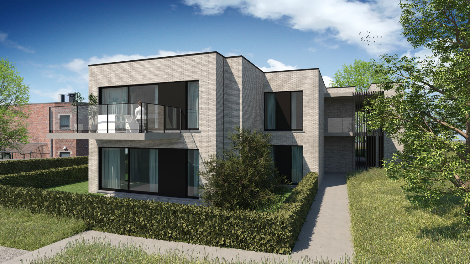 Render achterkant met terassen hedendaags-moderne residentie