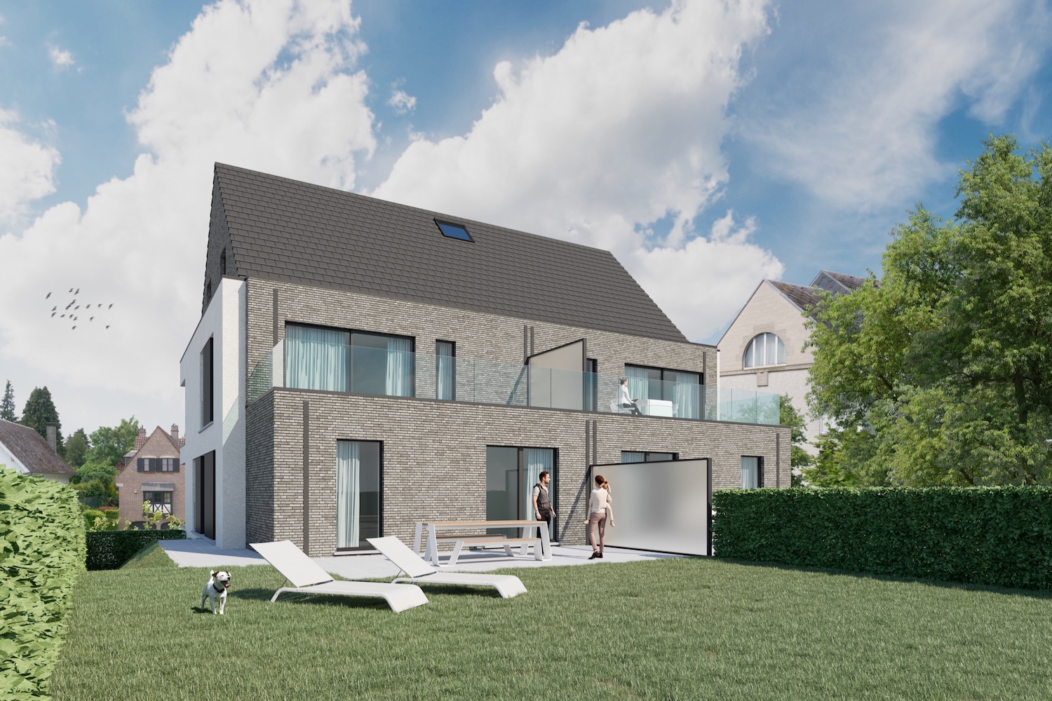 Render achterkant met terras strakke nieuwbouw residentie