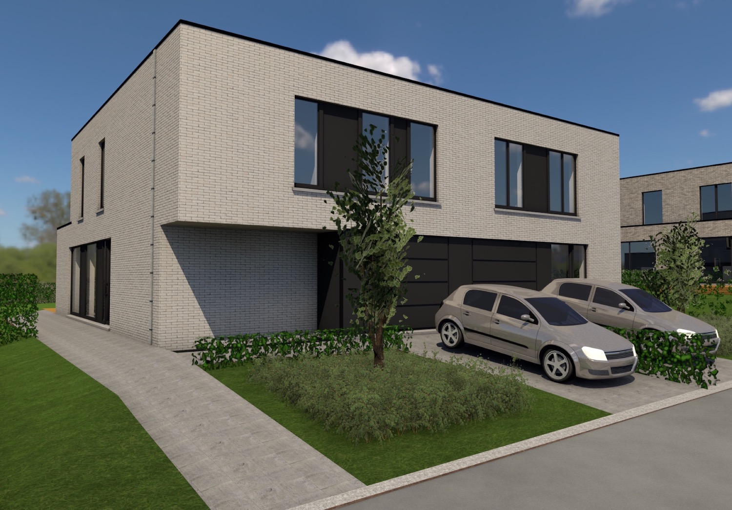De zwarte aluminium ramen in combinatie met de lichte gevelsteen zorgen voor een contrasterende, strakke look Render voorkant strakke halfopen nieuwbouwwoning