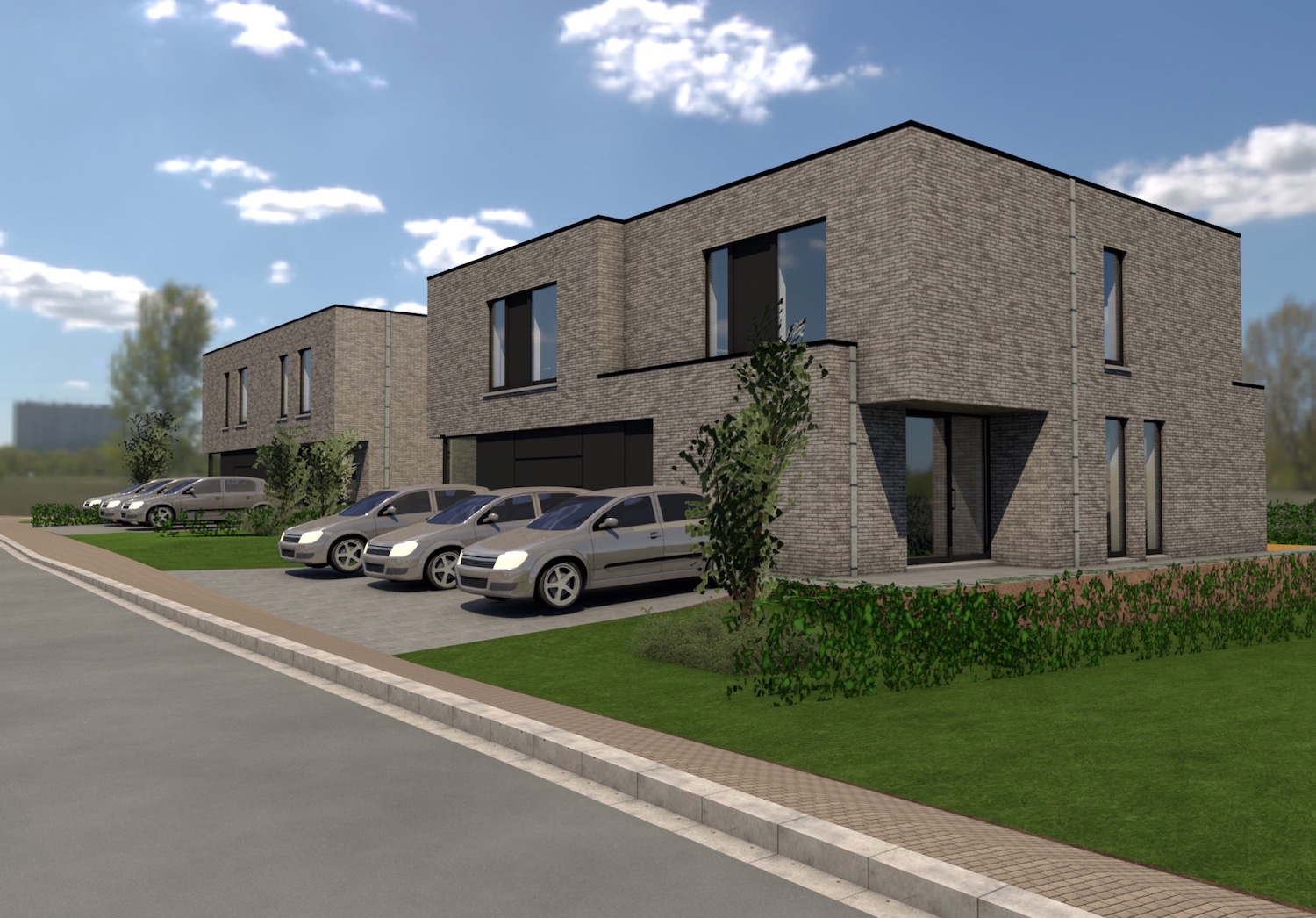 Moderne woningen met speelse volumes en eigen identiteit Render voorkant strakke halfopen nieuwbouwwoning