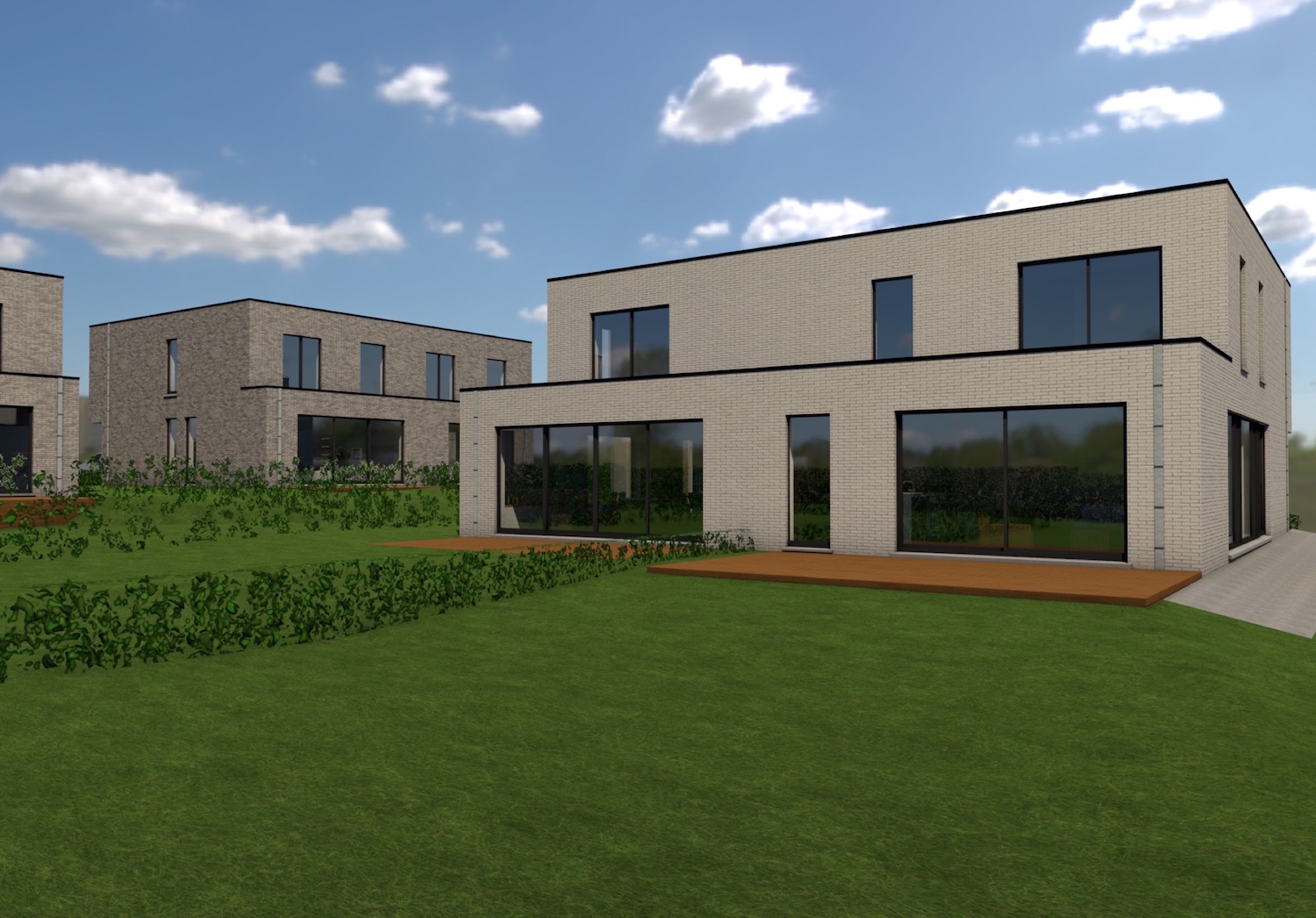 De grote raampartijen zorgen voor een optimale lichtinval en open gevoel Render achterkant met terras strakke halfopen nieuwbouwwoning