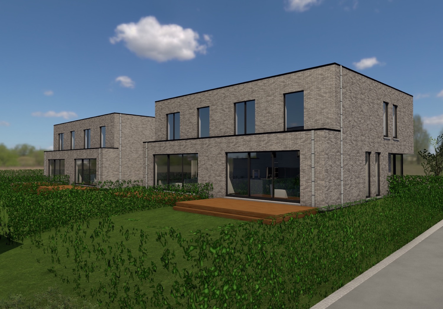 De hoge plafonds zorgen voor een optimaal ruimtelijk gevoel Render achterkant met terras strakke halfopen nieuwbouwwoning