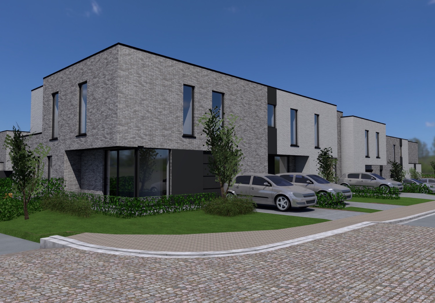 De oversteken aan de woning zorgen voor een optimale zoninval en overdekte inkom Render zijkant strakke halfopen nieuwbouwwoning