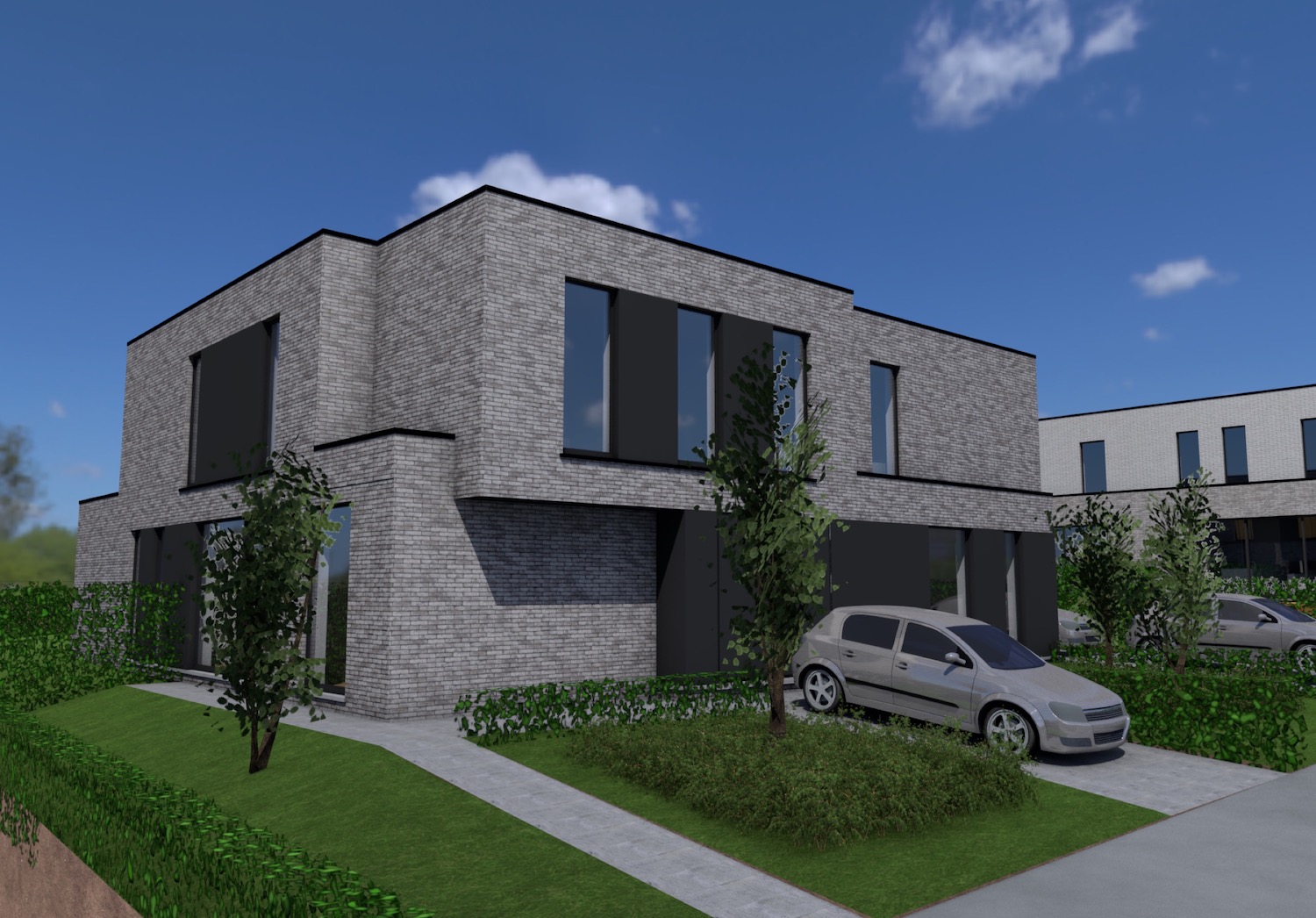 De verschillende volumes in combinatie met zwarte accenten zorgen voor een dynamische, speelse look Render voorkant strakke halfopen nieuwbouwwoning