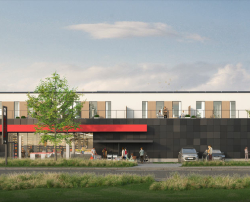 Render voorkant Delhaize moderne nieuwbouw voor commercieel pand