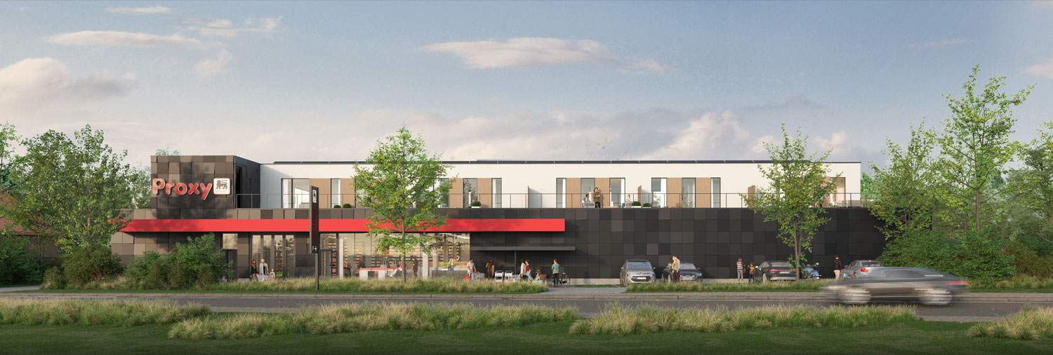 Render voorkant Delhaize moderne nieuwbouw voor commercieel pand