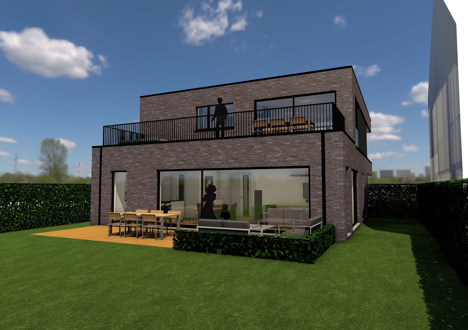 Render achterkant modern nieuwbouw kantoor