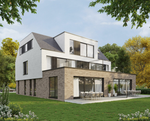 Render achterkant met terras hedendaags-moderne nieuwbouw appartementen