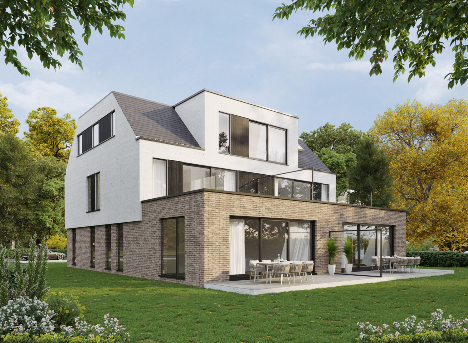 De grote raampartijen en terrassen zorgen voor een optimale lichtinval en open gevoel Render achterkant met terras hedendaags-moderne nieuwbouw appartementen