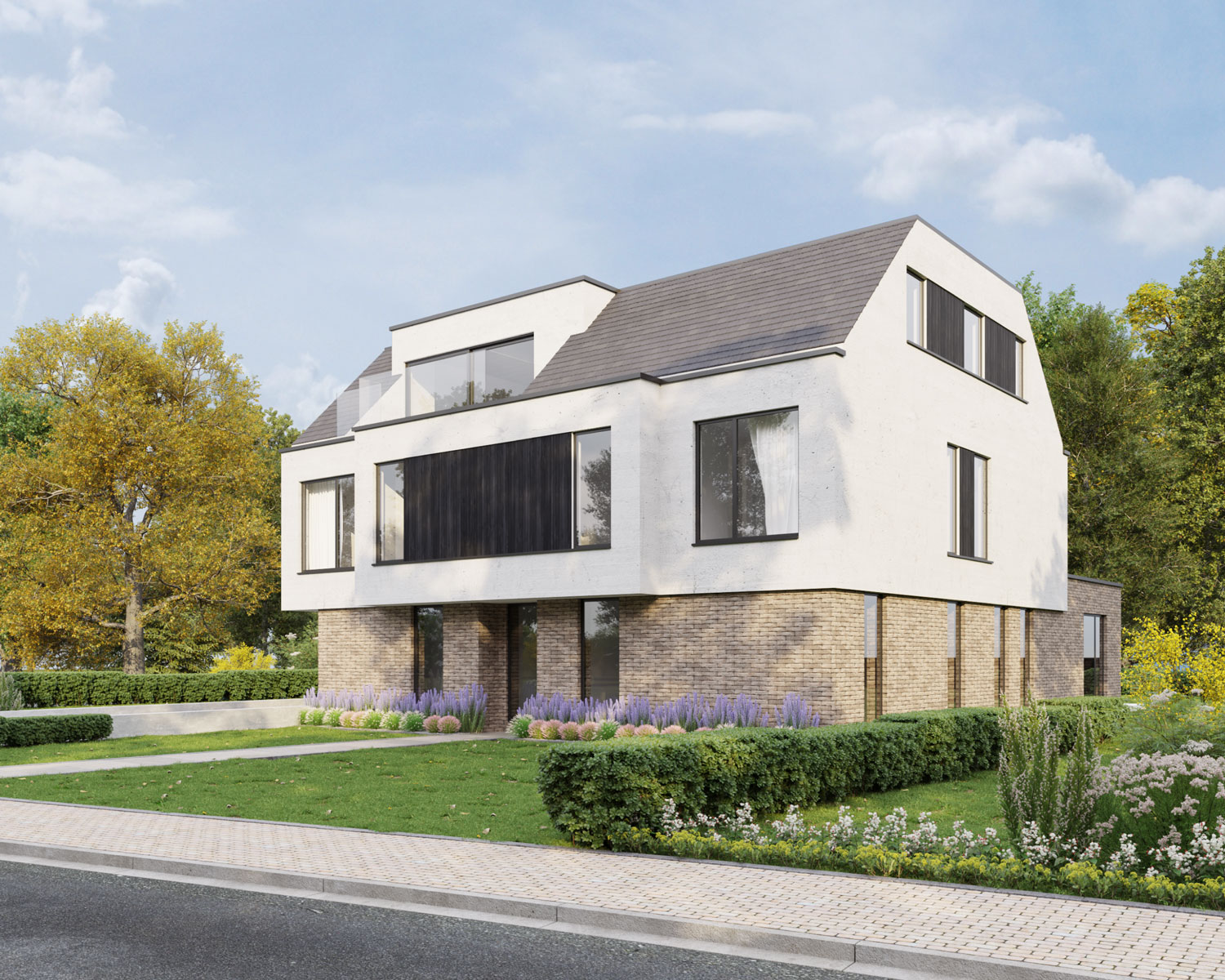 De lichtbeige gevelsteen in combinatie met de witte en zwarte accenten zorgen voor een speelse look en feel Render voorkant hedendaags-moderne nieuwbouw appartementen