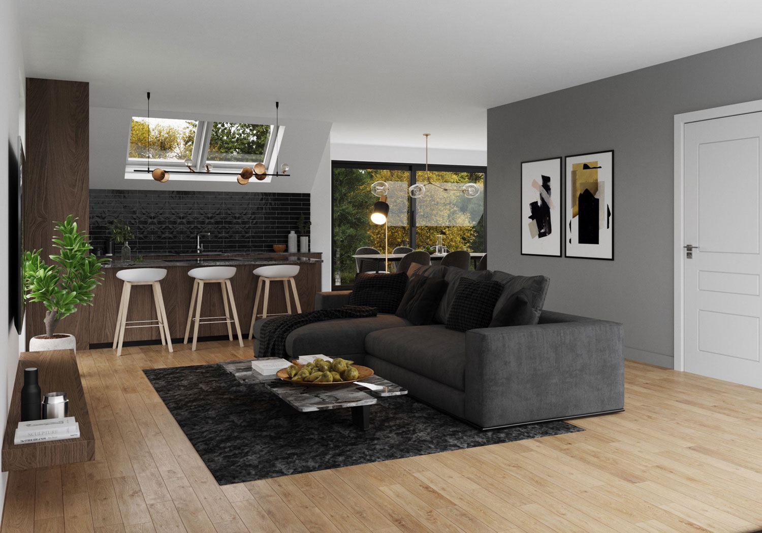 De strakke architectuur van de buitenkant werd ook doorgetrokken naar de leefruimte Render leefruimte hedendaags-moderne nieuwbouw appartementen