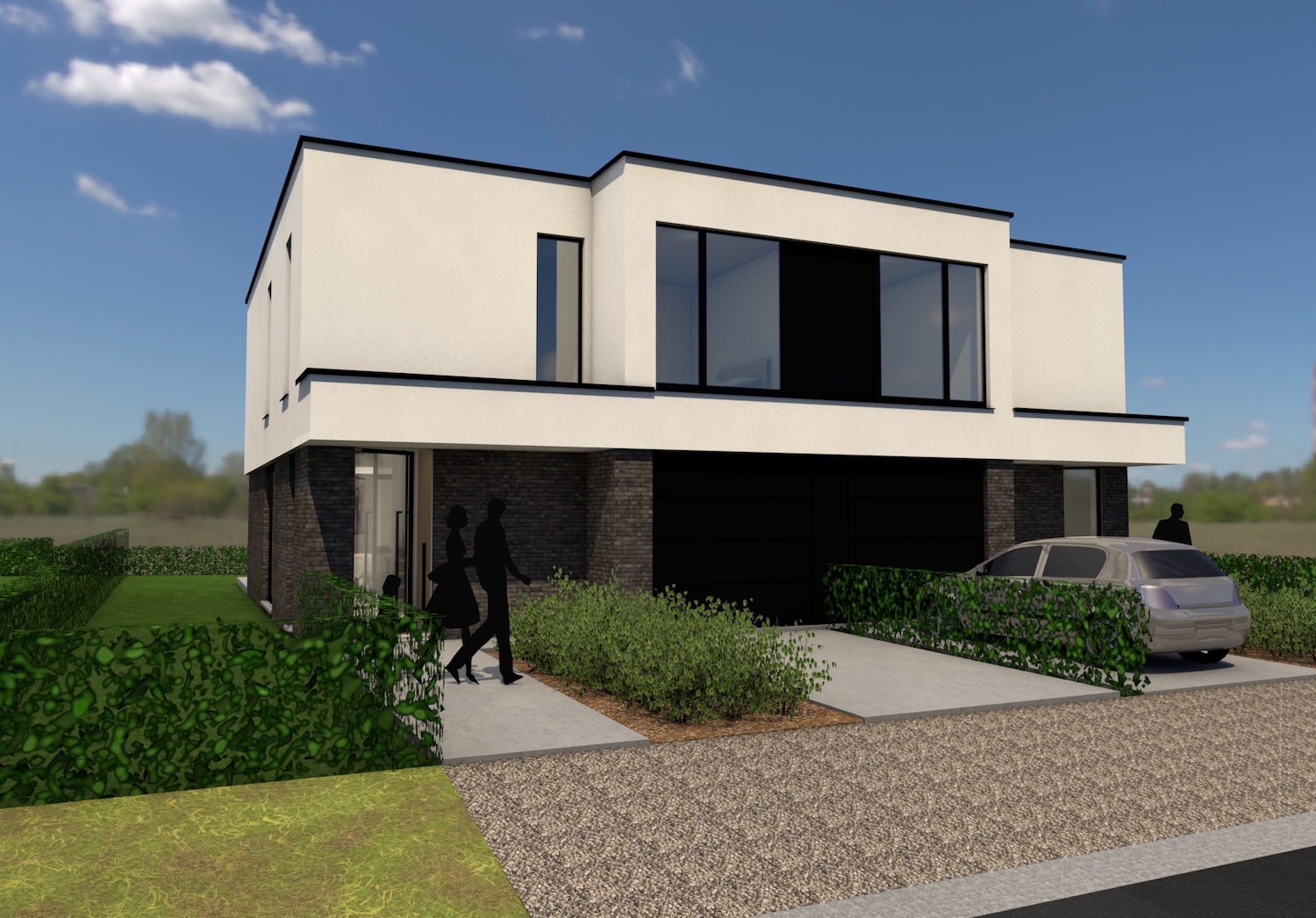 Render voorkant strakke halfopen bebouwing
