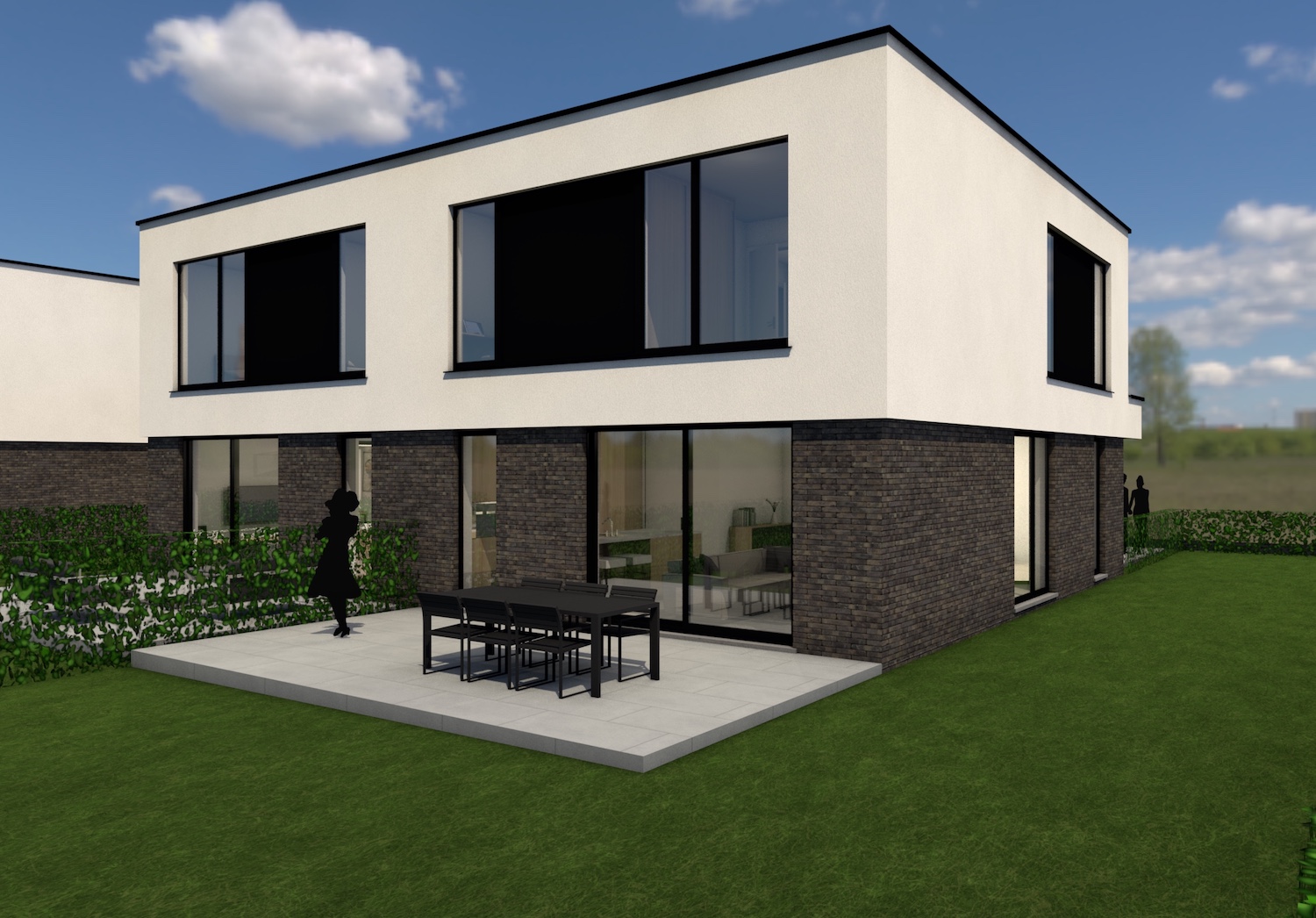 Render achterkant strakke halfopen bebouwing met terras