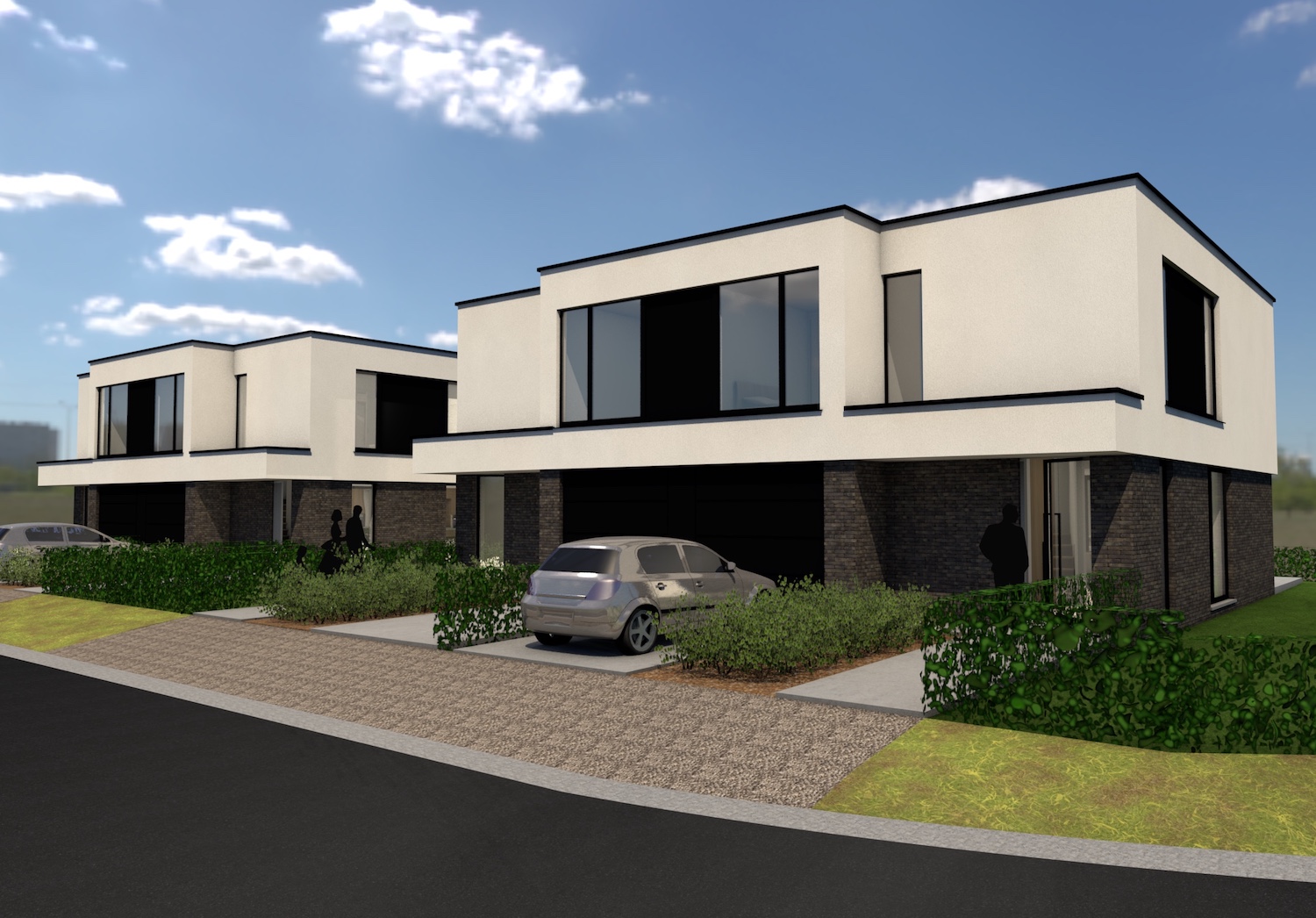 Render voorkant strakke halfopen bebouwing