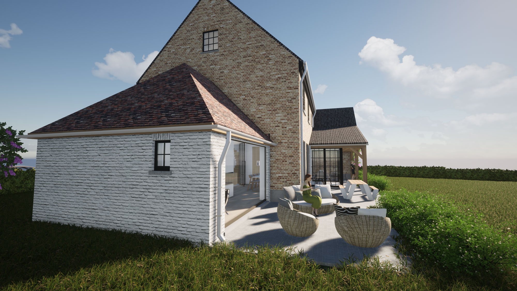 Render zijkant authentieke landelijke woning in Roosdaal