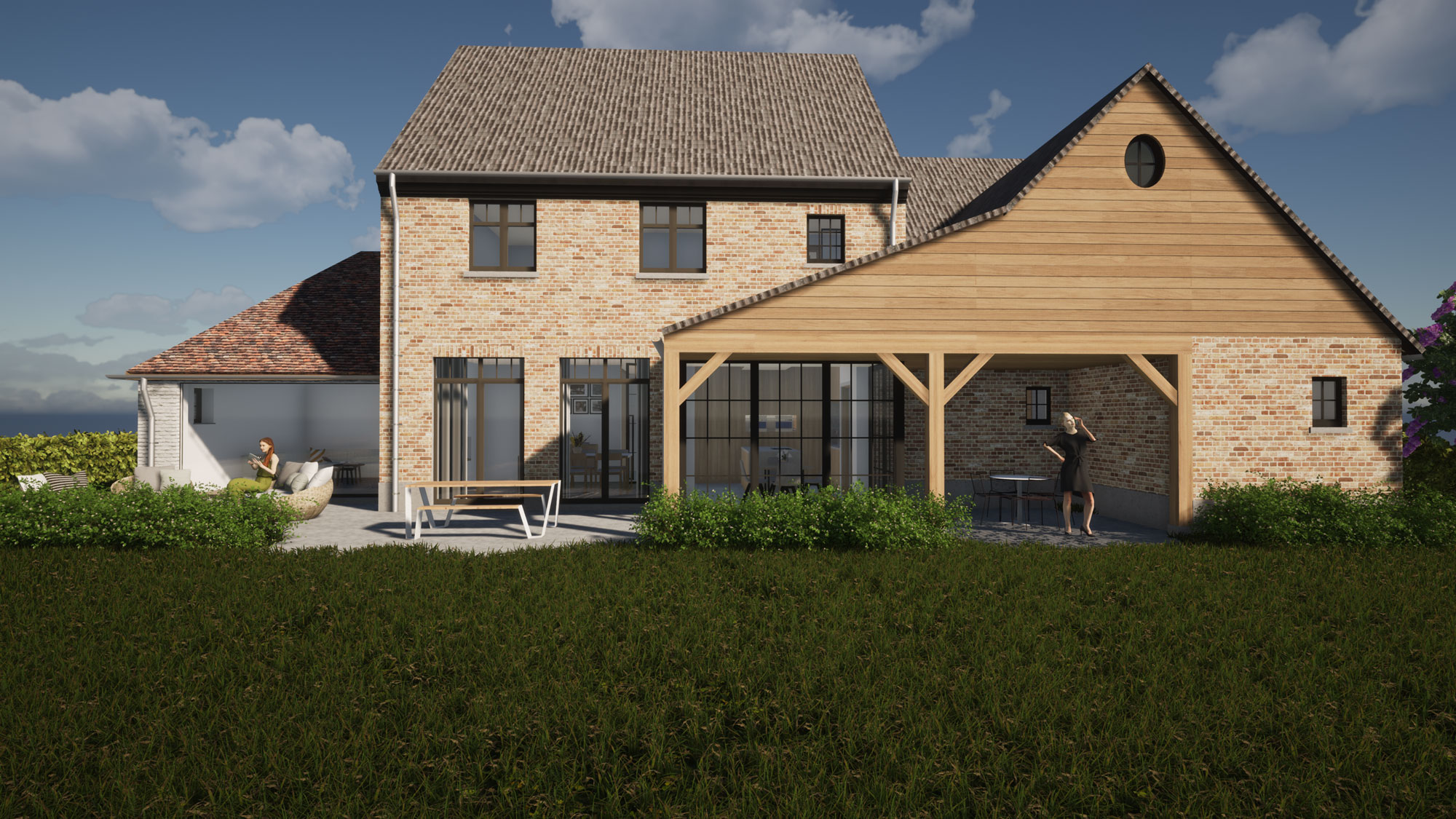 Render achterkant gevel authentieke landelijke woning in Roosdaal