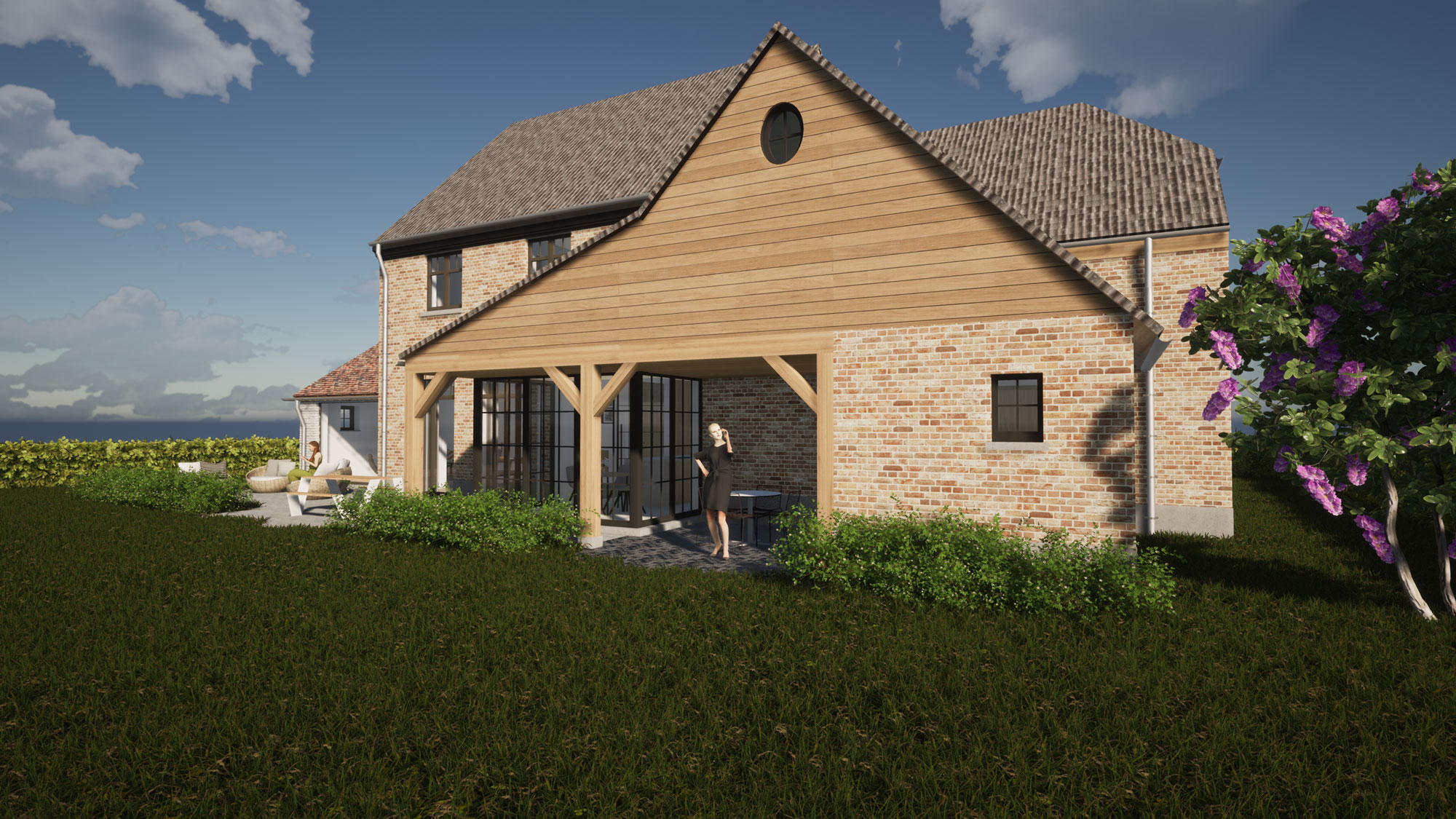 Render detail houten accenten bijgebouw authentieke landelijke woning in Roosdaal
