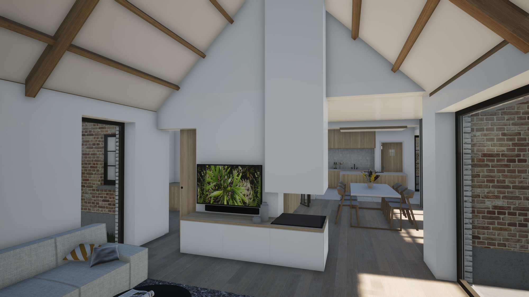 Render detail houten accent zithoek authentieke landelijke woning in Roosdaal