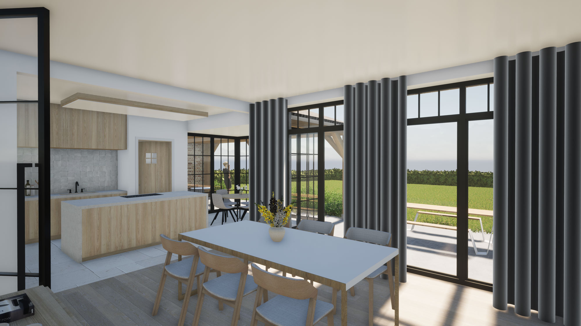 Render detail lichtrijke leefruimte authentieke landelijke woning in Roosdaal