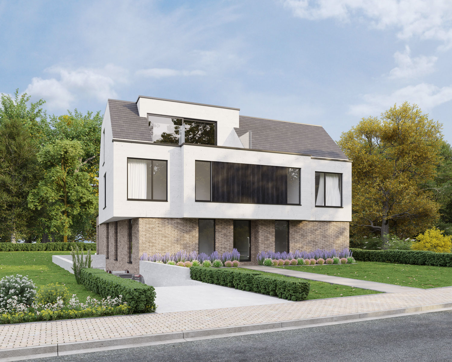 De kleinschalige residentie is landelijk gelegen en geeft een optimaal ruimtegevoel Render voorkant hedendaags-moderne nieuwbouw appartementen