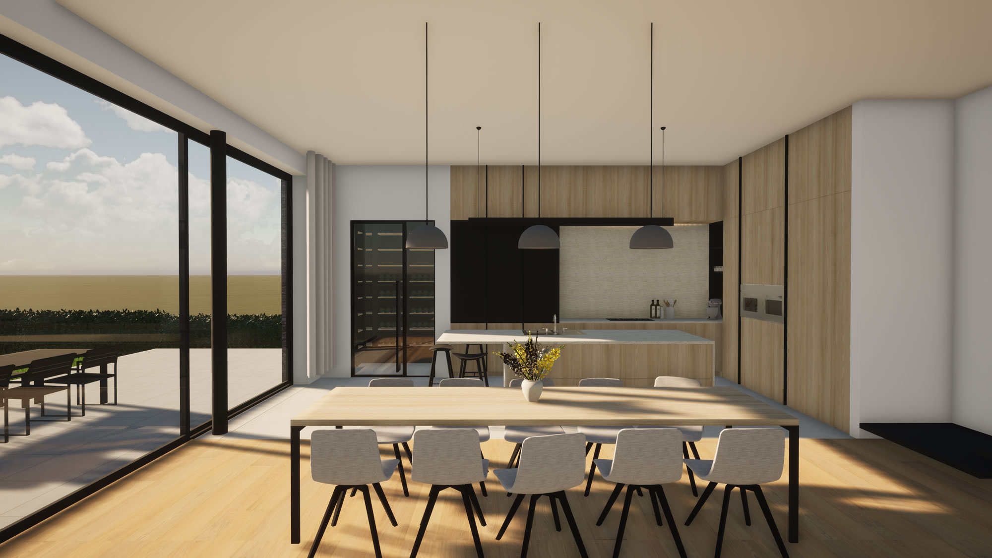 Render keuken met aansluitende wijkamer voor moderne totaalrenovatie in Herne