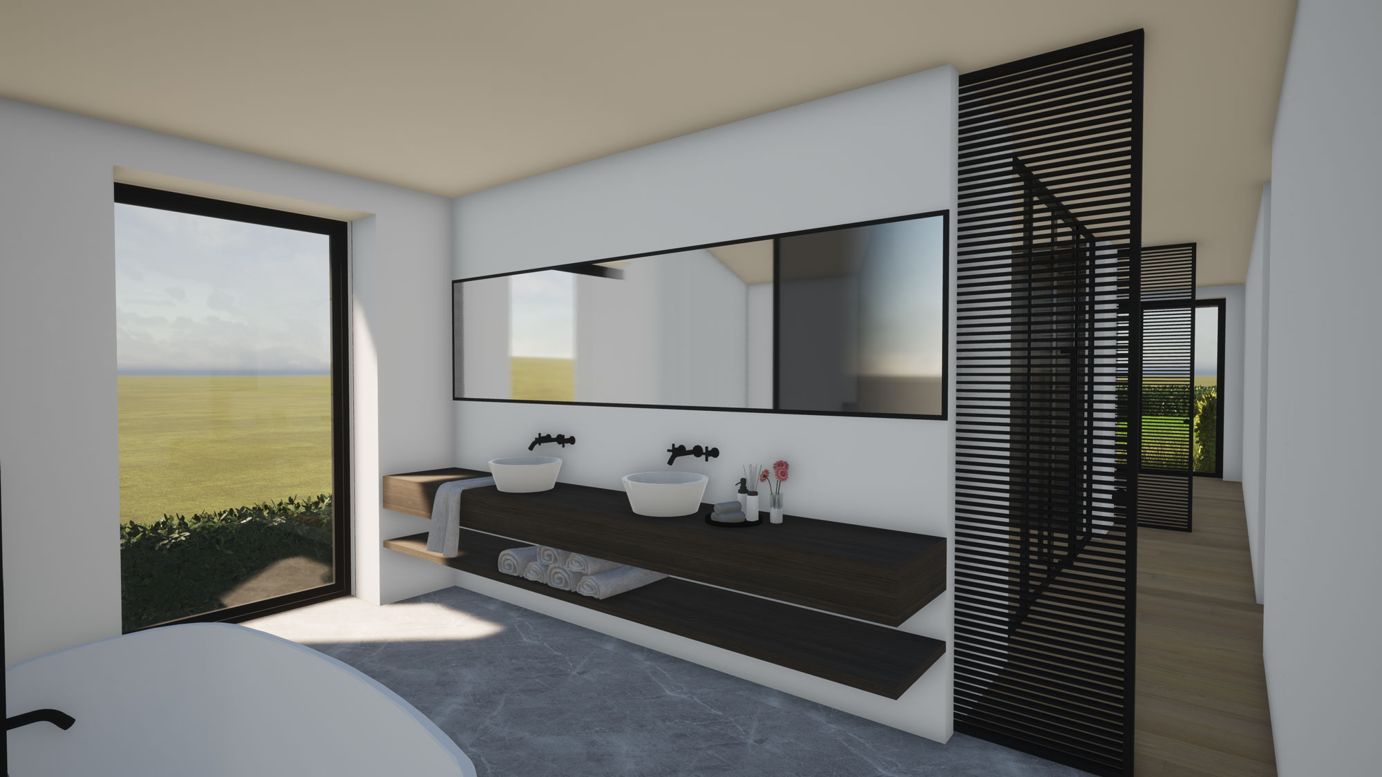 Render detail strakke badkamer moderne totaalrenovatie in Herne