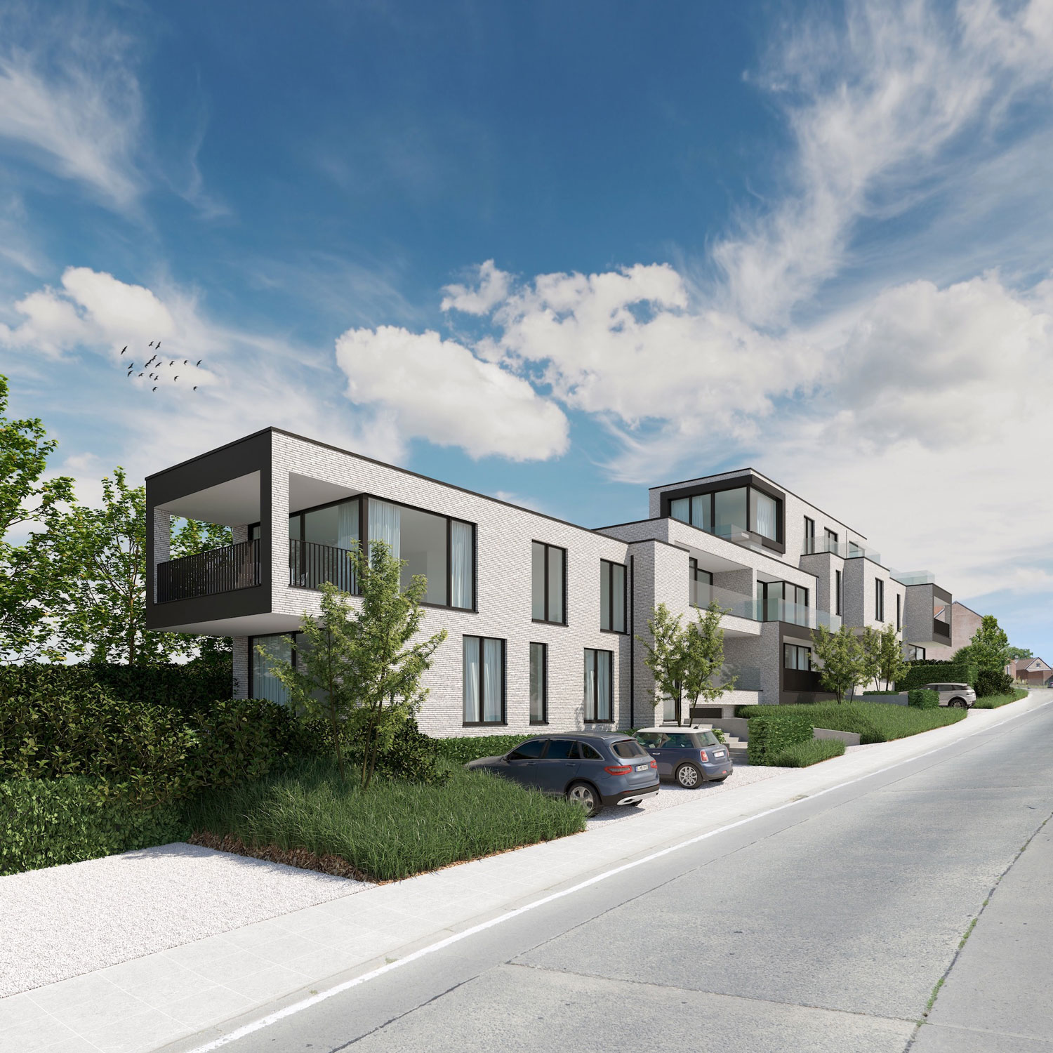 Render voorkant strakke Residentie Dr.Roossens in Roosdaal