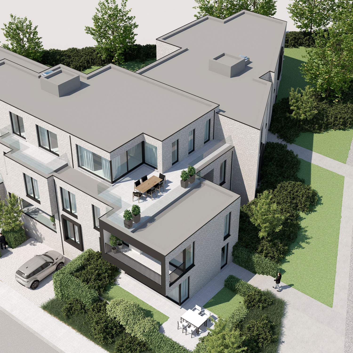 Render bovenaanzicht strakke Residentie Dr.Roossens in Roosdaal