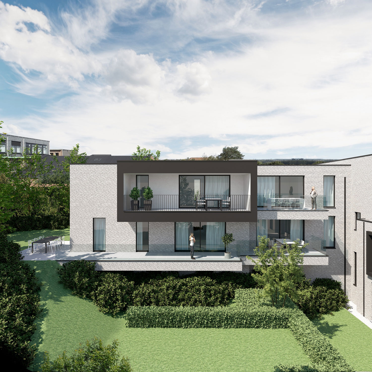 Render achterkant strakke Residentie Dr.Roossens in Roosdaal