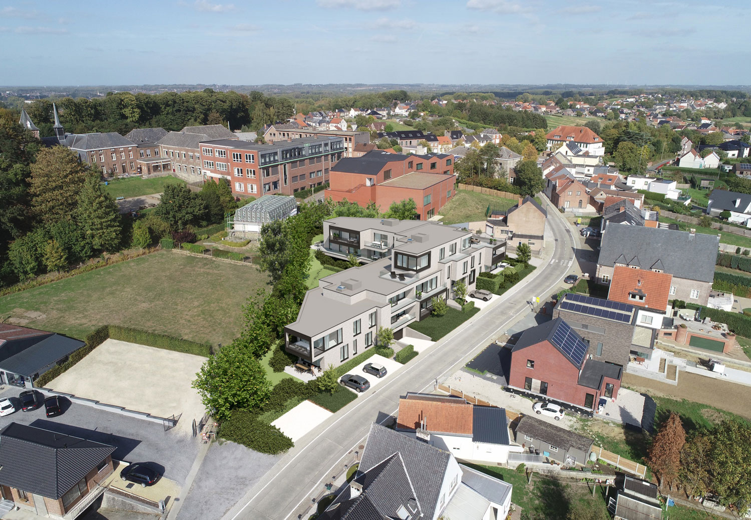 Render bovenaanzicht strakke Residentie Dr.Roossens in Roosdaal