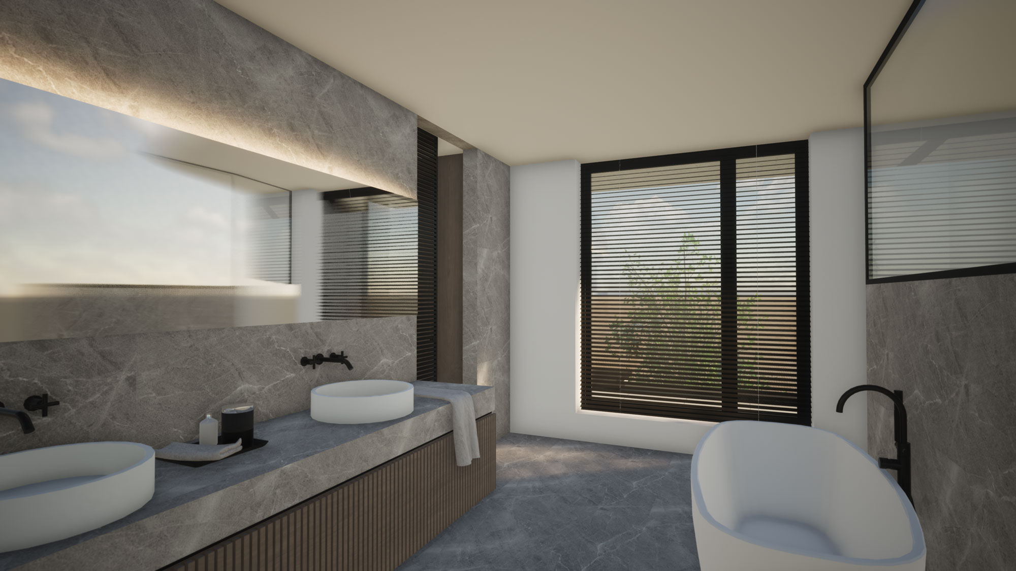 Render detail strakke badkamer nieuwbouw in Koksijde