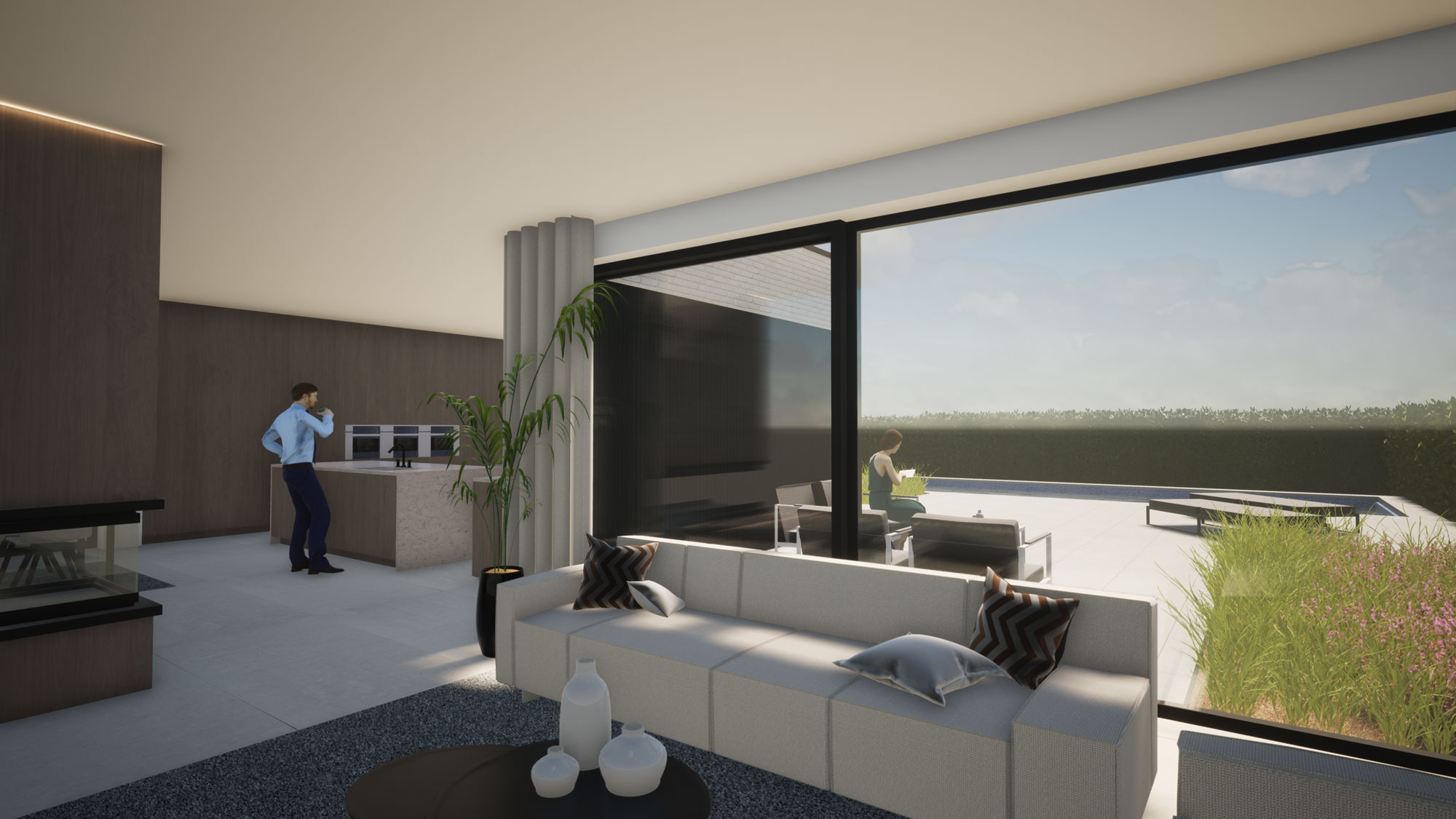 Render lichtrijke leefruimte strakke nieuwbouwwoning in Koksijde
