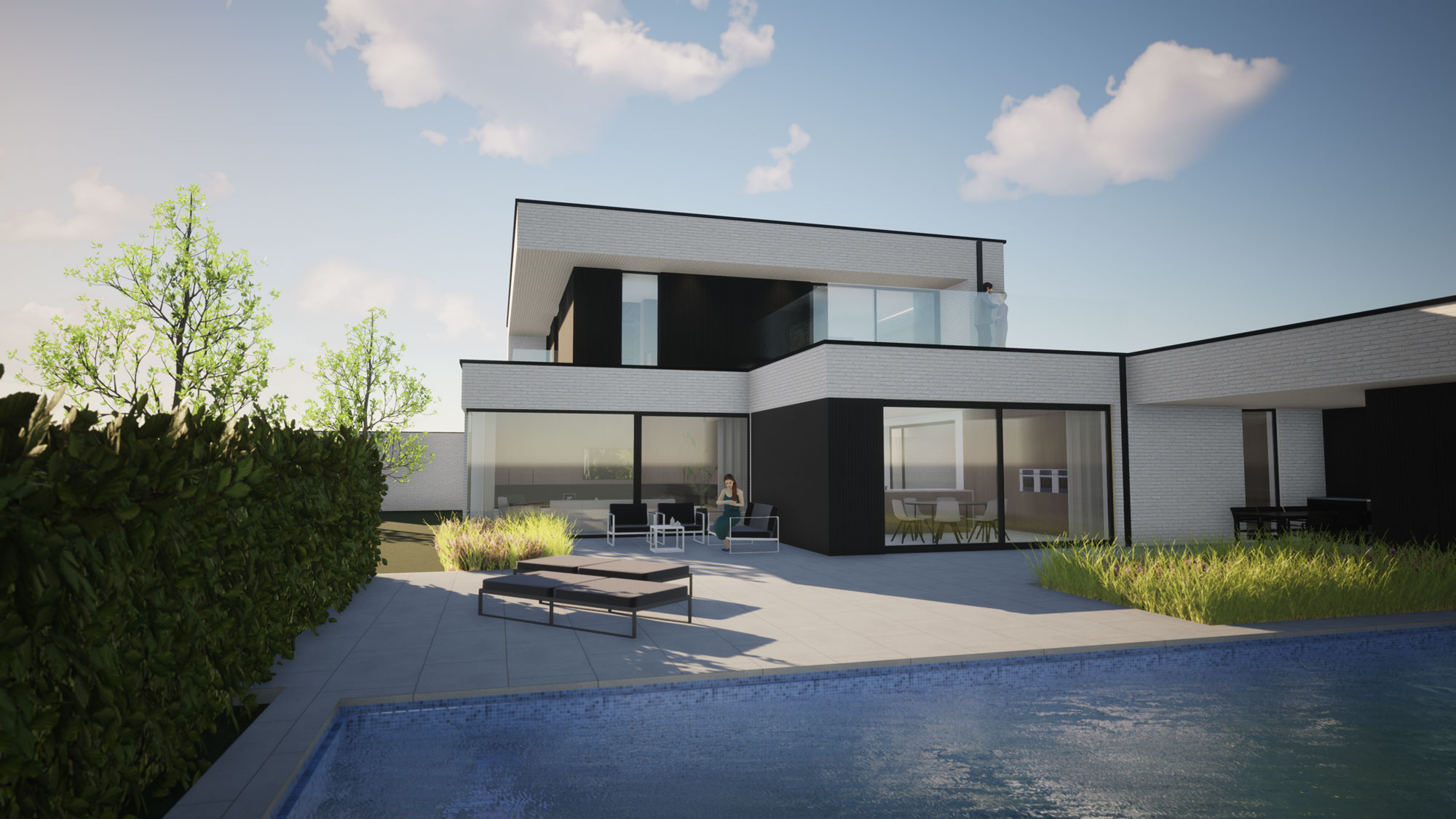 Render achterkant met zwembad en poolhouse strakke nieuwbouw in Koksijde