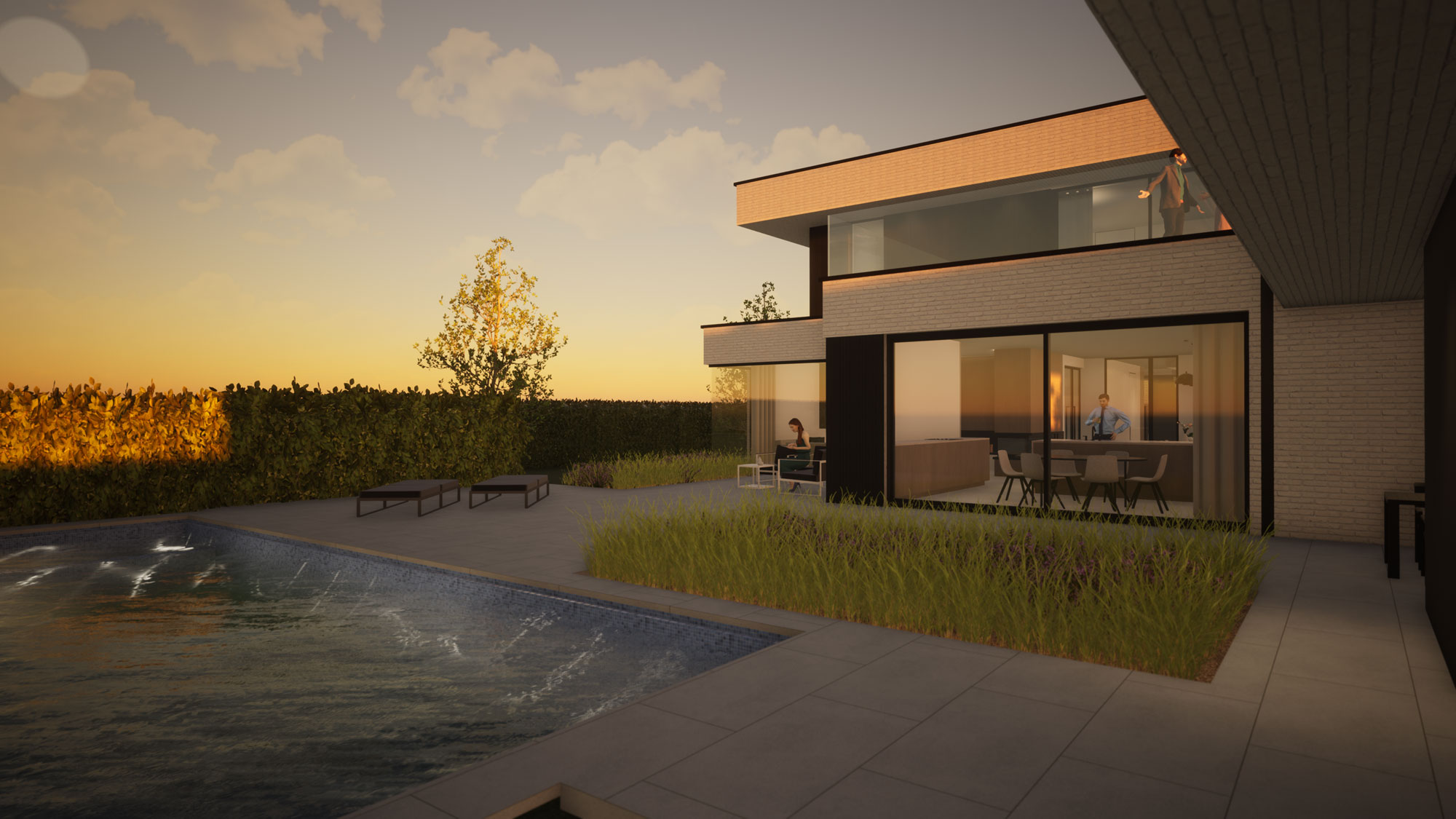 Render detail zwembad en achterkant strakke nieuwbouw in Koksijde