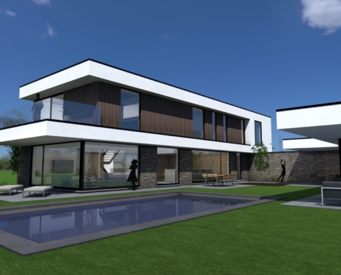 Render achterkant moderne woning met terras en zwembad