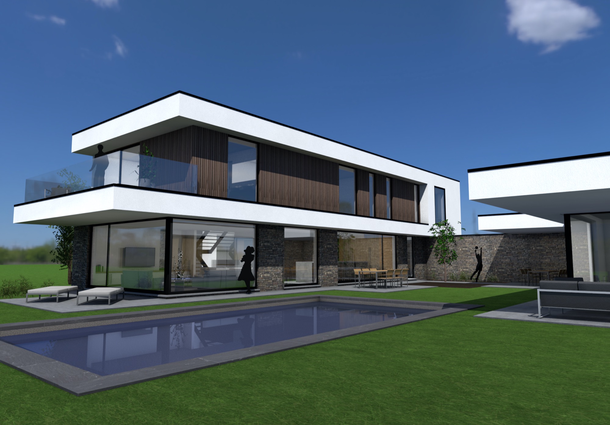 Render achterkant moderne woning met terras en zwembad