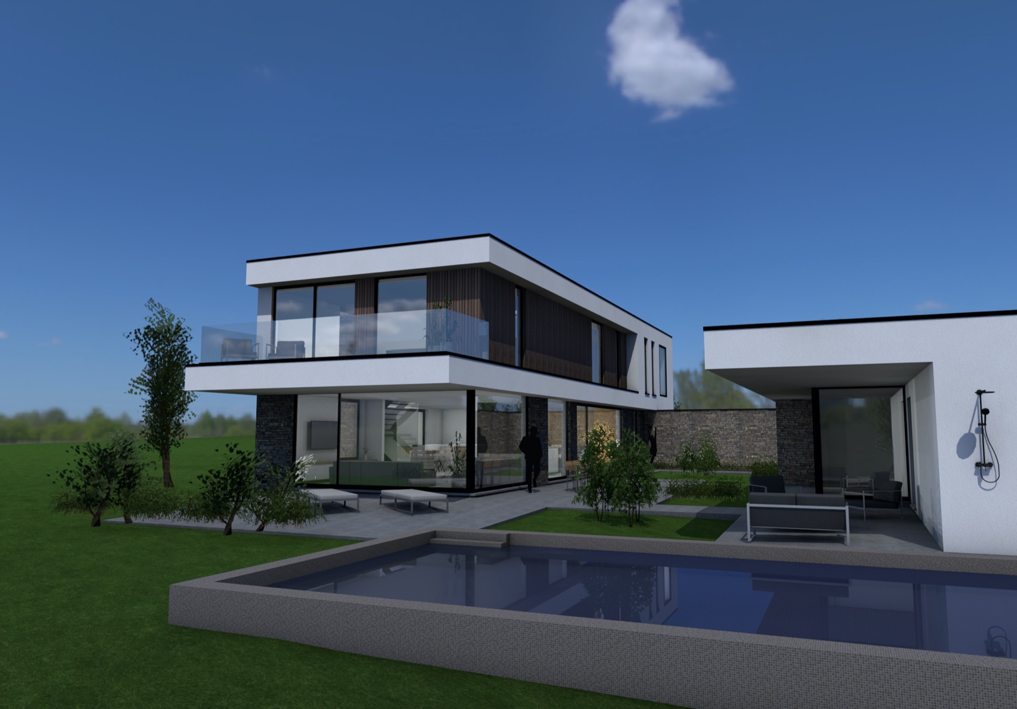 Render achterkant moderne woning met zwembad