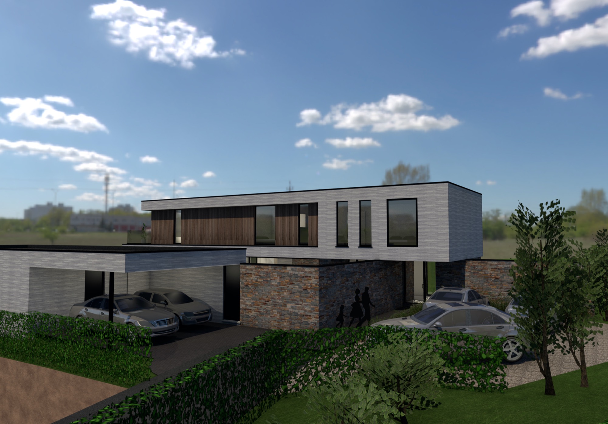 Render voorkant moderne woning met zwembad