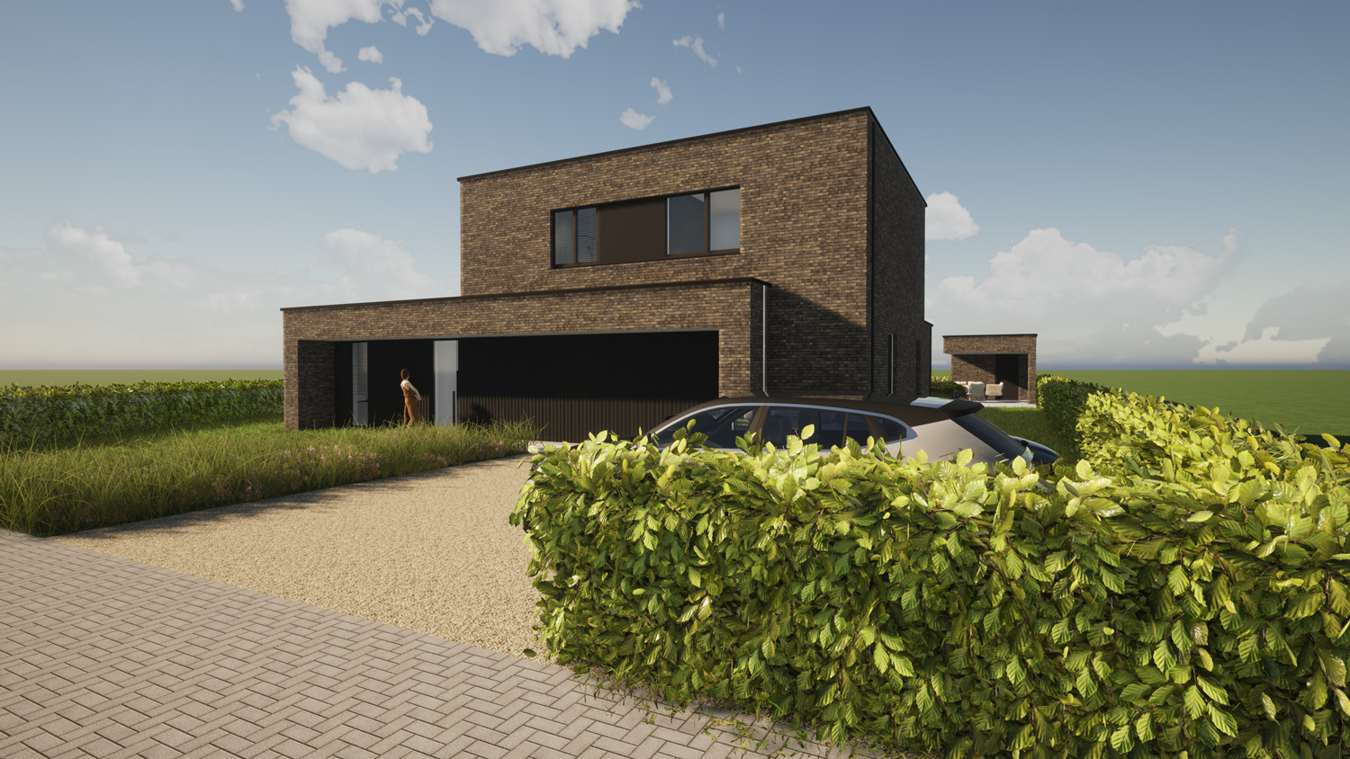 Zijkant voorgevel hedendaags-moderne villa